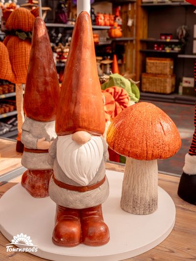 Gnome de jardin et champignon décoratif sur une table en bois.